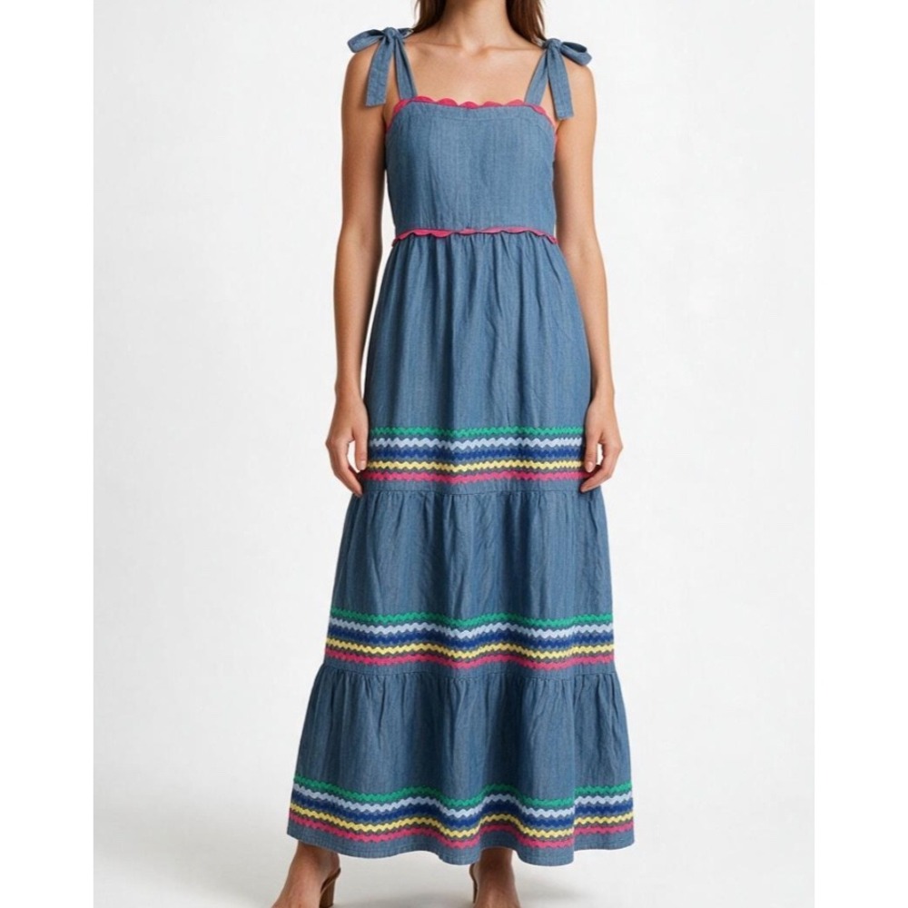 CROWN & IVY Blue TENCEL w/COLORFUL RIC-RAC Peasant Shift TIERED MAXI DRESS XS